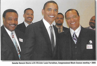 Then-Sen. Barack Obama (center), with Minister Louis Farrakhan (right), at a Congressional Black Caucus meeting in 2005 (Askia Muhamamd)